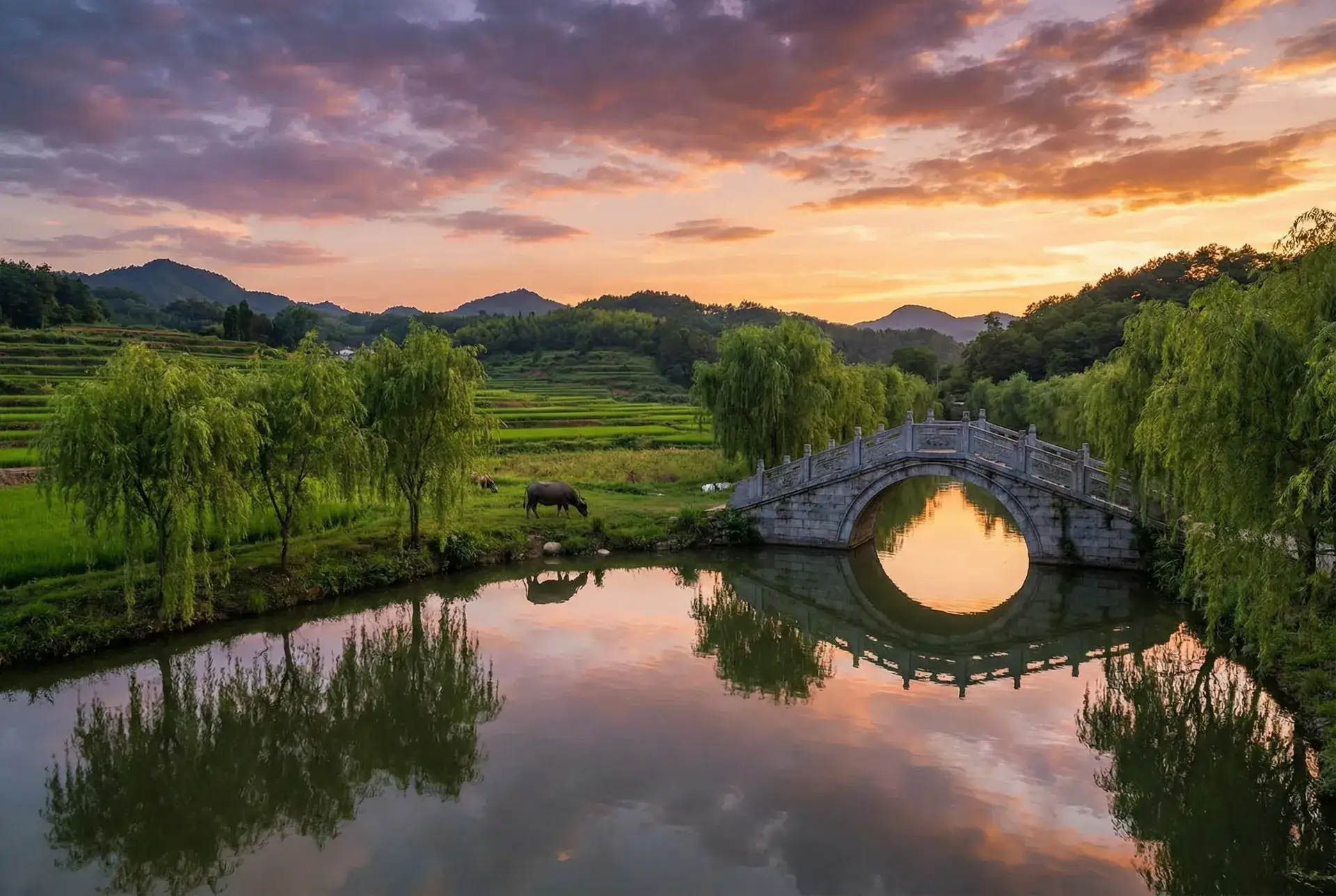 夕阳下的石拱桥与垂柳，水牛在河边吃草 - 斗鱼七哥 乡村美景